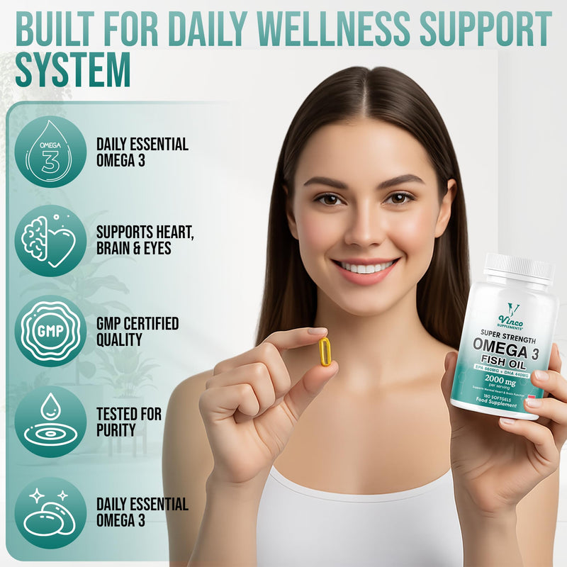 Vinco High Strength Omega 3 Fish Oil 2000mg | EPA 660mg & DHA 440mg Per Serving | Promotes Heart, Brain & Eye Health | Non-GMO GMP Certified 180 Omega 3 Softgels Capsules (3 Month Supply) - UK Made