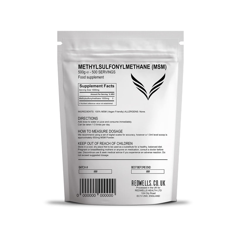MSM Powder REDWELLS Crystalline Methyl Sulfonyl Methane GMO Free - 500g Pack