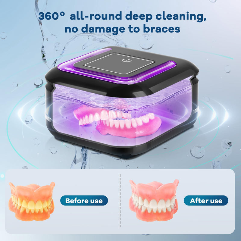 [Australia] - Ultrasonic Retainer Denture Cleaner Machine for Night Guards, Mouth Guards, Jewelry, Braces, 28W Dental Cleaning Pod with Digital Timer, Dual Cleaning Mode, 42kHz, 180ML Black 