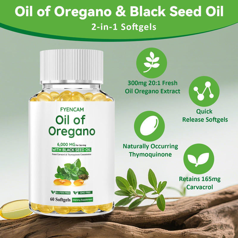 [Australia] - Oil of Oregano with Black Seed Oil, 6000mg Oregano Oil Capsules Organic with Carvacrol & Thymoquinone, 2 in 1 Supplement for Immune Health, Non-GMO, Easy to Swallow, 2 Bottle, Total 120 Softgels 