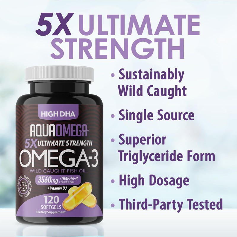 5X Ultimate Strength Omega 3 Fish Oil Supplements with High DHA and EPA Omega 3 Fatty Acids, Fish Oil Supplement with Vitamin D and No Fishy Aftertaste, 120 Softgels 120 Count (Pack of 1)