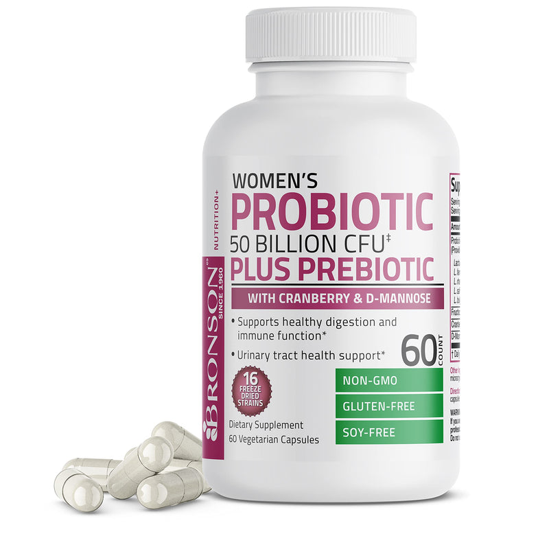 [Australia] - Bronson Women's Probiotic 50 Billion CFU + Prebiotic with Cranberry & D-Mannose – Vaginal Health, Healthy Digestion, Immune Function and Urinary Tract Support, NON-GMO, 60 Vegetarian Capsules 60 Count (Pack of 1) 