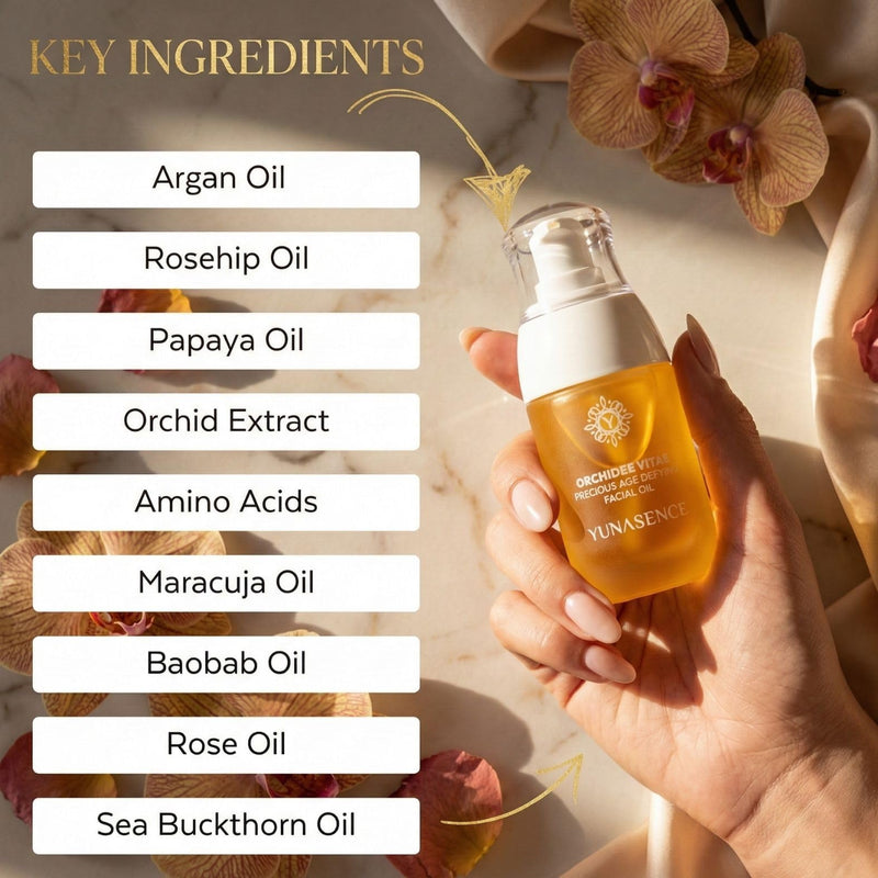 YUNASENCE ORCHIDEE VITAE Precious Organic Anti-Aging Face Oil Serum, w/Orchid Flower, Rose Absolute, Argan, Maracuja, Papaya, Vitamin C, Amino Acid.1oz Boosts collagen, improves skin elasticity.
