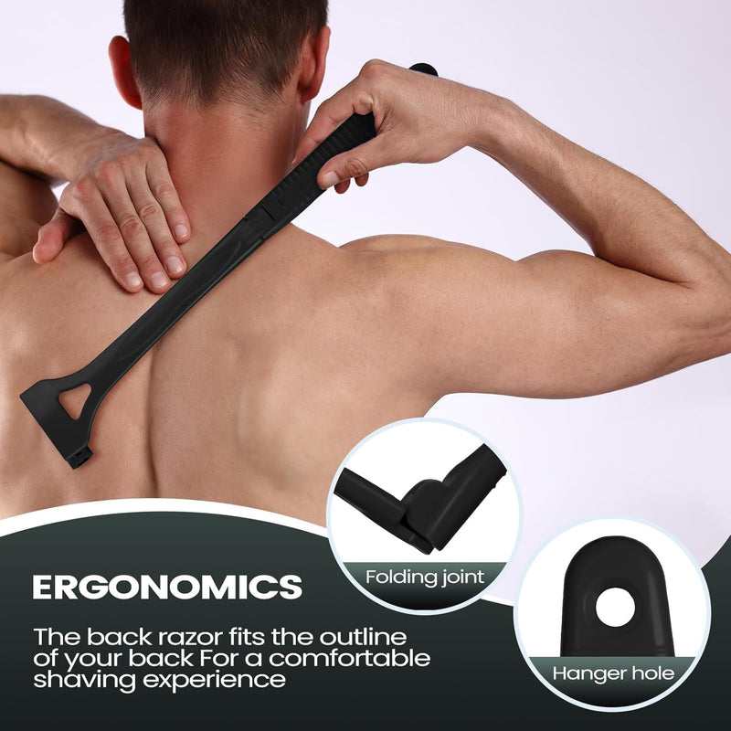 Back Shavers for Men with Foldable Long Ergonomic Handle: DIY Hair Shaver, Replaceable Safety Blade & Portable Razor Groomer for Men, Wet & Dry Shaving-Black (8PCS Blades Included) Black