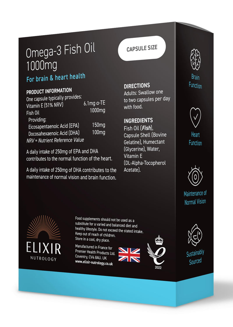 Omega 3 Fish Oil 1000mg Softgel Capsules | Supports Normal Heart & Brain Function | Rich in EPA & DHA with Added Vitamin E | Daily Essential Fatty Acid Support | 30 Softgel Capsules | UK Made