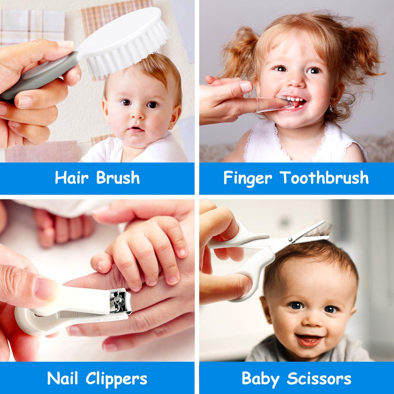 [Australia] - Baby Healthcare and Grooming Kit, 28 in 1 Portable Baby Essentials Kit Electric Nail Trimmer Set with Gas Relief Hair Brush Comb Nasal Aspirator for Newborn Boys Girls (Grey White) 28 Kits-Grey White 