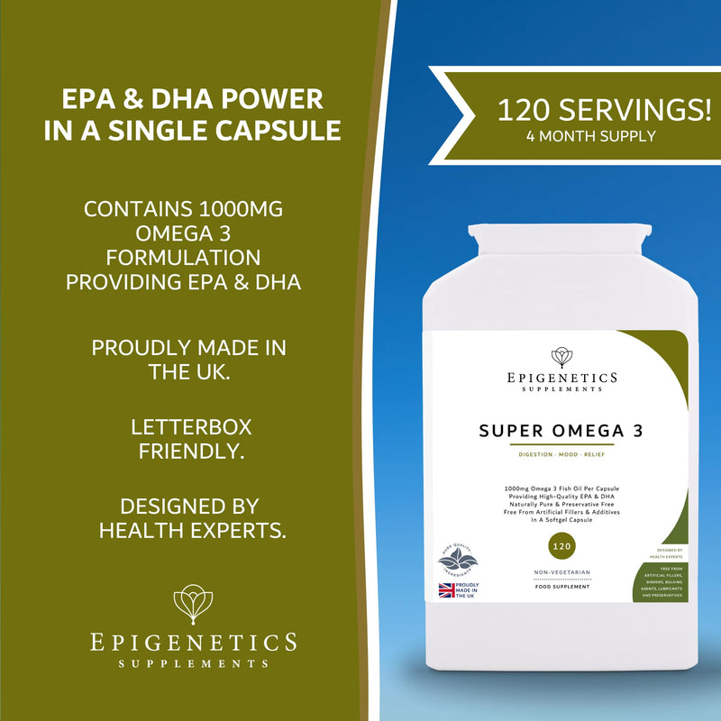 Super Omega 3 1000mg | High Strength 270mg EPA + 180mg DHA Fish Oil | 120 Softgel Capsules UK Made | Long 4 Month Supply by Epigenetics Supplements