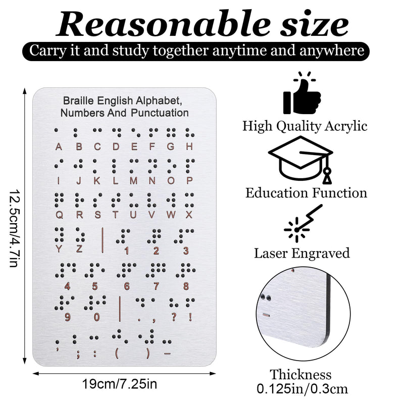 Braille Alphabet Board, Aluminum Letter Fingerboard Portable Carved Dots Numbers Board Braille Gifts Alphabet Chart Visually Impaired Products for Blind People Beginners Teaching Aid (Sliver)