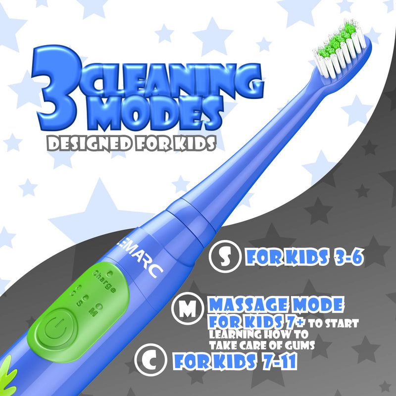 [Australia] - SuperSonic Kids electric toothbrush 8 DuPont brush heads, USB rechargeable, Vibration Speed Control plus Massage mode, 2 Min Timer, Waterproof, for age 3+ Blue 