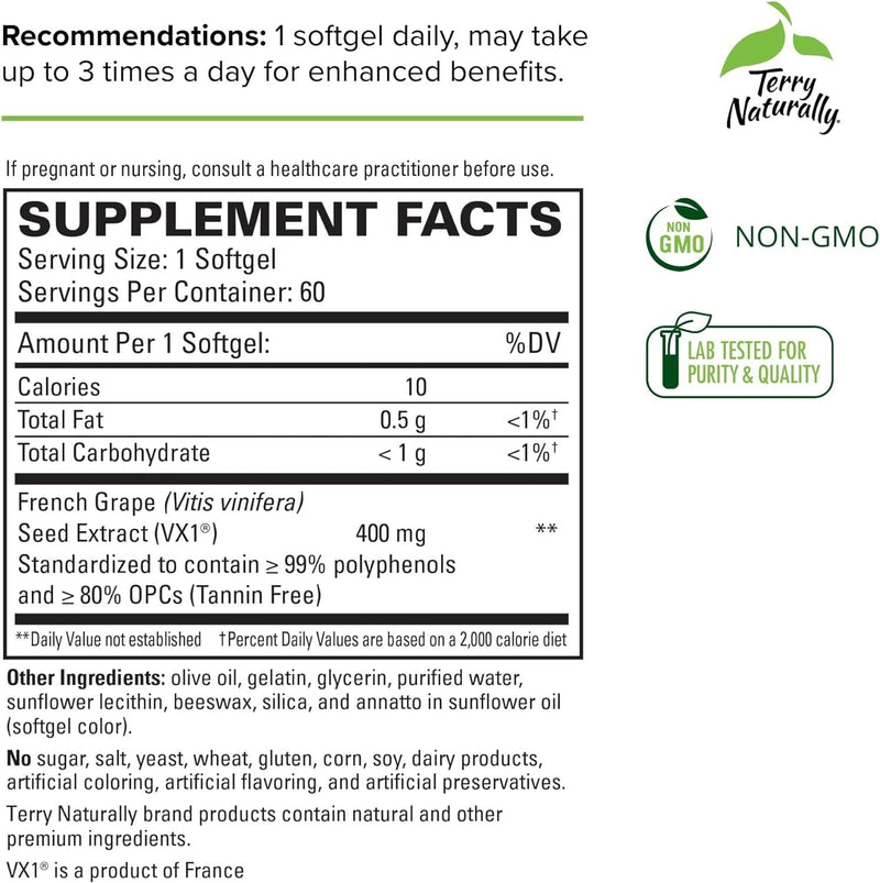 [Australia] - Terry Naturally Clinical OPC Extra Strength - 60 Softgels - French Grape Seed Extract Supplement - - Non-GMO, Gluten Free - 60 Servings 1 