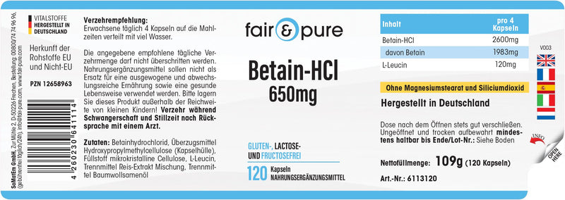 [Australia] - Fair & Pure® - Betaine capsules 650mg - 120 capsules - Betaine HCI/Betaine hydrochloride - vegan - without magnesium stearate 