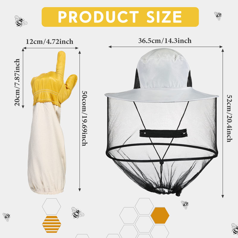 [Australia] - Xuhal Bee Keeping Hats and Gloves Includes Thick Goatskin Leather Bee Gloves with Ventilated Sleeves and Bee Keeper Fencing Veil Mosquito Hats Sun Hat with Hidden Net Mesh Mask 