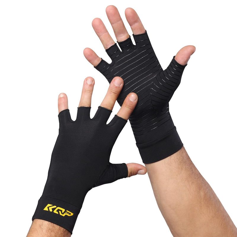 Compression Gloves For Pain Relief，1 Pair, Copper Infused Arthritis Glove, Half-finger & Whole-finger Medium 1pair-half Black