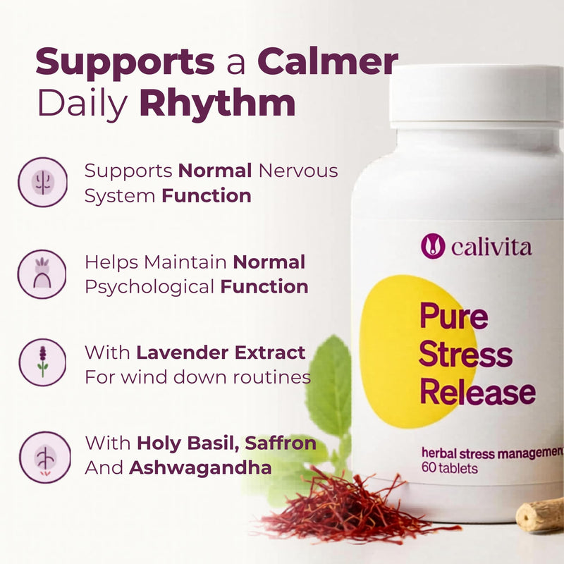 Herbal Stress Support | Pure Stress Release 1664mg | Ashwagandha, Holy Basil, Saffron & L-Theanine | Magnesium & Vitamin B6 | Calm & Relaxation Support | 60 Vegan Tablets