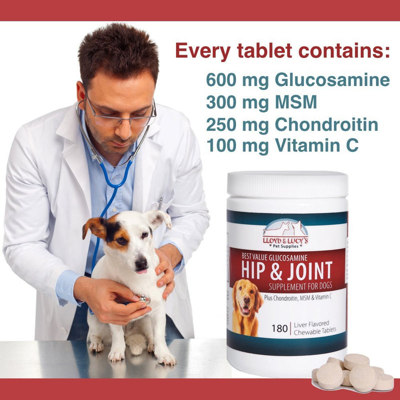 Lloyd & Lucy's Hip and Joint Supplement for Dogs - Chewable Multivitamin with Glucosamine, Chondroitin, MSM and Vitamin C - Healthy Liver Flavored Treat Pets Will Love - 180 Ct Tablets 180 Chewable Tablets - PawsPlanet Australia