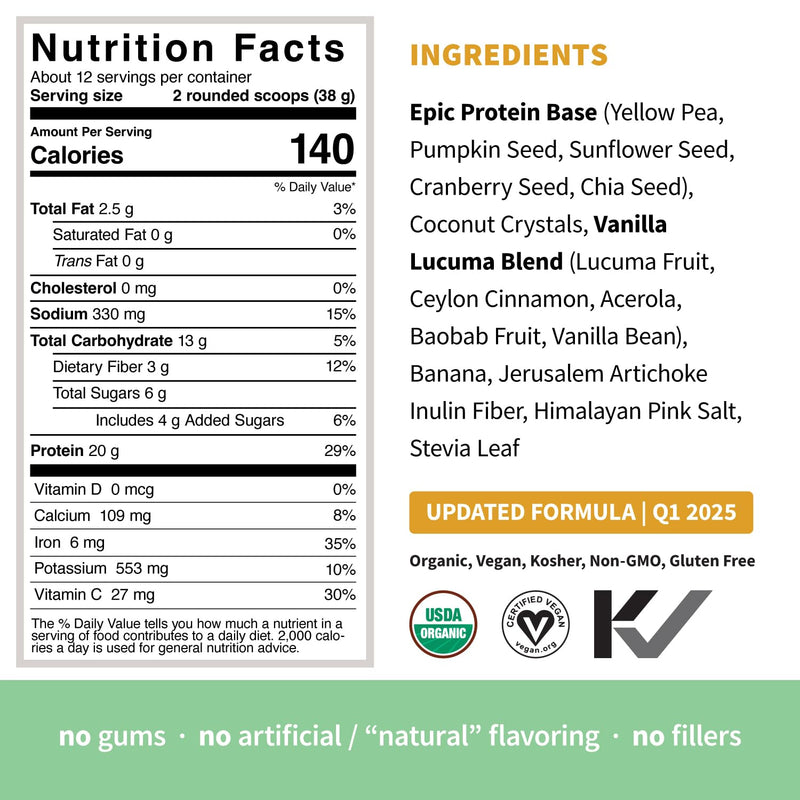 [Australia] - Sprout Living Epic Protein, Plant Based Protein & Superfoods Powder, Vanilla Lucuma Powder | 20 Grams Organic Protein Powder, Vegan, Non Dairy, Non-GMO, Gluten Free, Low Sugar (1 Pound, 12 Servings) 1 Pound (Pack of 1) 