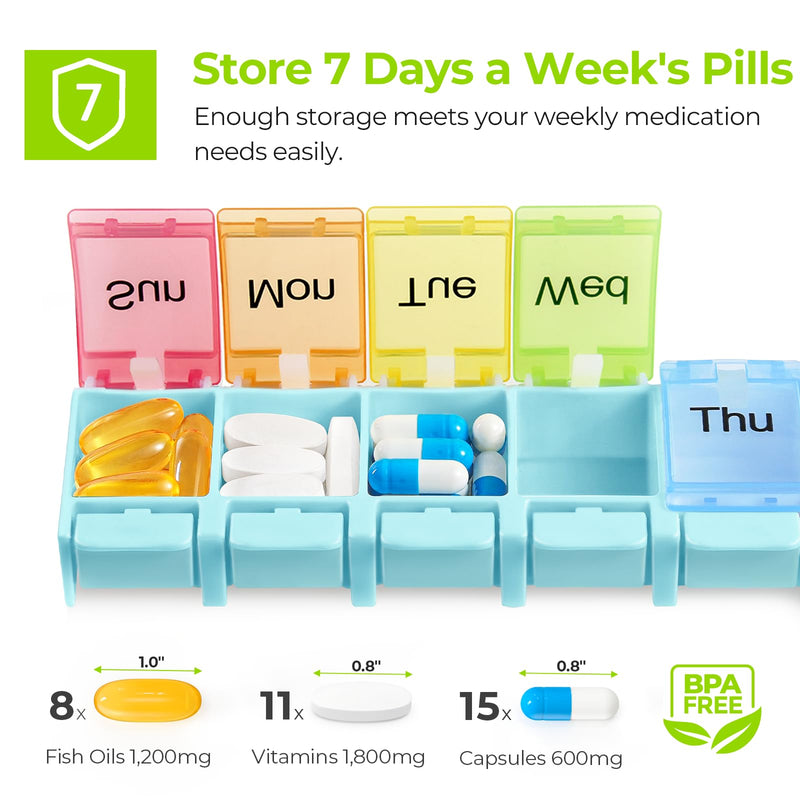 AUVON Weekly Pill Organizer Arthritis Friendly, BPA Free Travel 7 Day Pill Box Case with Spring Open Design and Large Compartment to Hold Vitamins, Cod Liver Oil, Supplements and Medication Light Blue