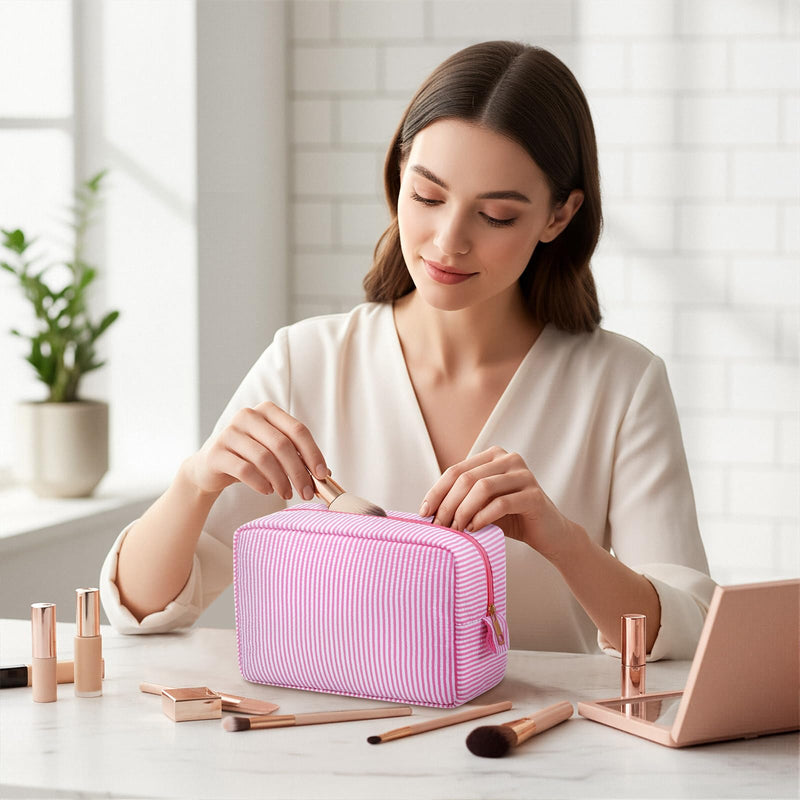 Sanwuta 10 Pcs Seersucker Cosmetic Bag Seersucker Makeup Bag Women Stripe Large Travel Toiletry Organizer Preppy Storage Pouch for Embroidery Wedding Bridesmaid Bride Mom (Pink) Pink