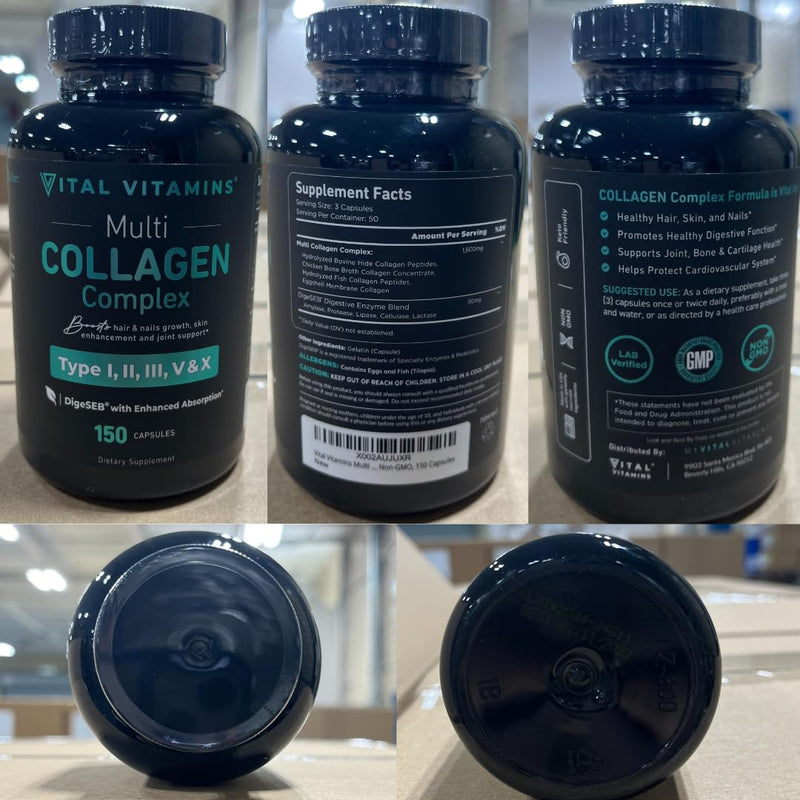 Vital Vitamins Multi Collagen Peptides Complex for Women & Men, 150 Pills | Supports Skin, Hair & Nails, 5 Collagen Types I II III V & X, Grass-Fed Non-GMO Collagen Supplements 150 Count (Pack of 1)