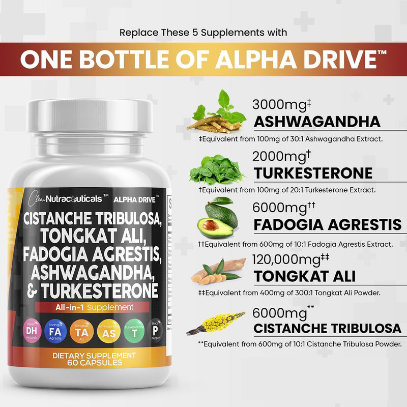 [Australia] - Clean Nutra Cistanche Tribulosa 6000mg Fadogia Agrestis 600mg Tongkat Ali 400mg Turkesterone Pills 2000mg Ashwagandha Extract 3000mg Capsules Supplement for Men - 60 Count 