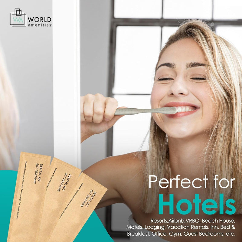 [Australia] - World Amenities Kraft Paper Dental Kit - Wheat Straw Toothbrush and Toothpaste Dental Care Kit (25) 25 