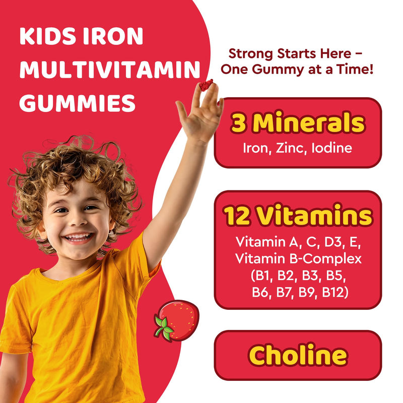 Iron Supplement Gummies for Kids, Kids Multivitamin with Iron Gummies - Zinc, Vitamin B Complex, A, C, D3, B12, Folate for Blood Builder & Energy Support, Iron Deficiency, Vegan Strawberry 120ct 60 Count (Pack of 2)