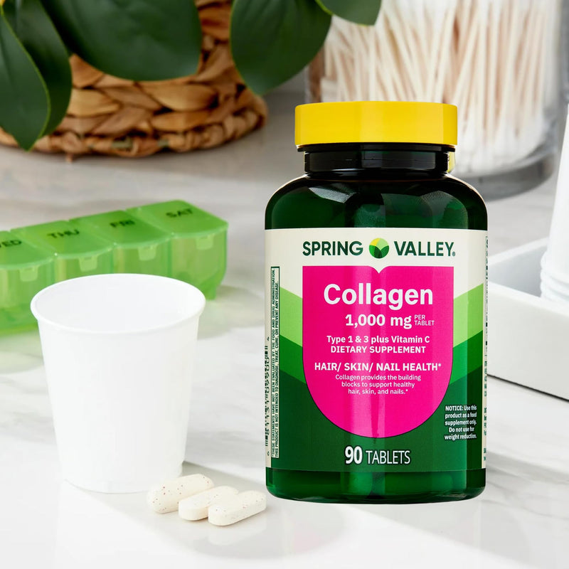 Collagen Type 1 & 3 Plus Vitamin C Hair Skin Nails Health Dietary Supplement Tablets, 1,000 mg, 90 Count by Spring Valley (Pack of 1)