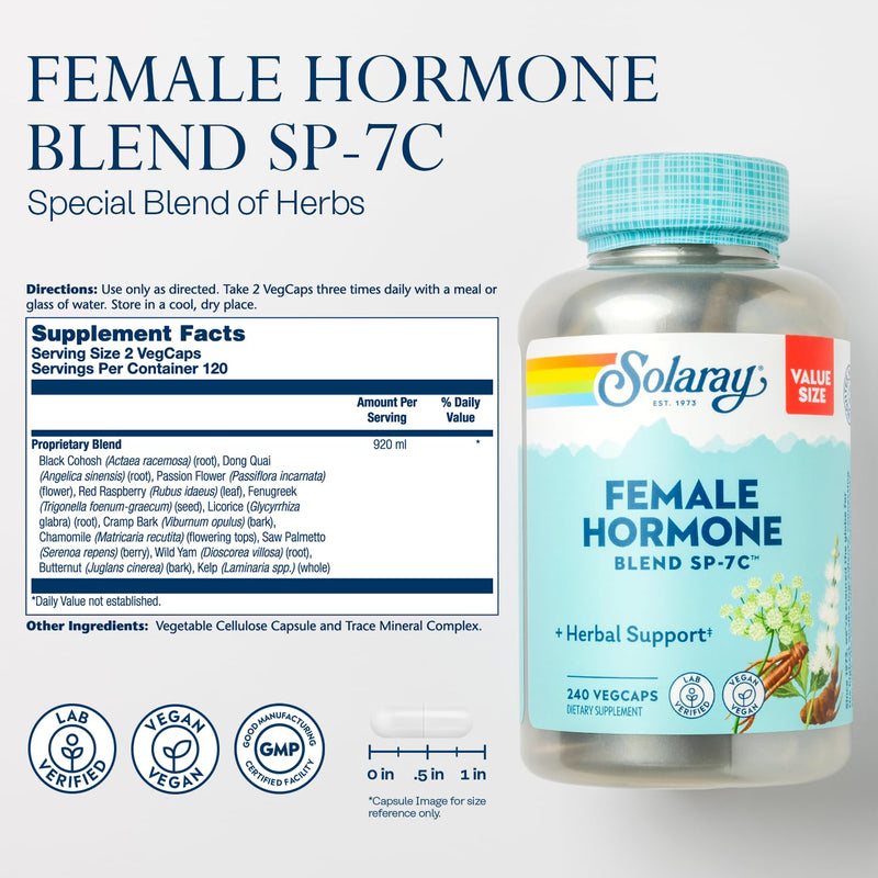 [Australia] - SOLARAY Female Hormone Blend SP-7C, Herbal Support Hormonal Balance for Women with Black Cohosh, Dong Quai, Wild Yam, and More, Vegan, Lab Verified, 60-Day Guarantee, 120 Servings, 240 VegCaps 240 Count (Pack of 1) 
