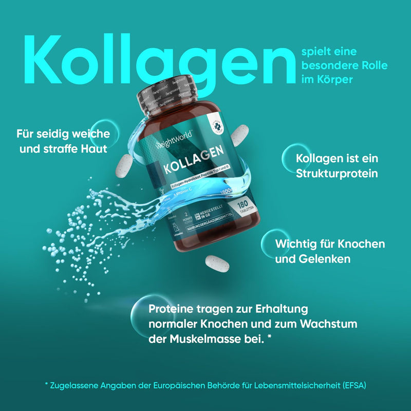 [Australia] - Collagen Tablets - 1800mg Hydrolyzed Collagen Peptides Type 1 & 3 with Vitamin C - 180 Marine Collagen Tablets - 2 Month Supply - For Cell Protection, Bones, Skin & Active Life - From WeightWorld 