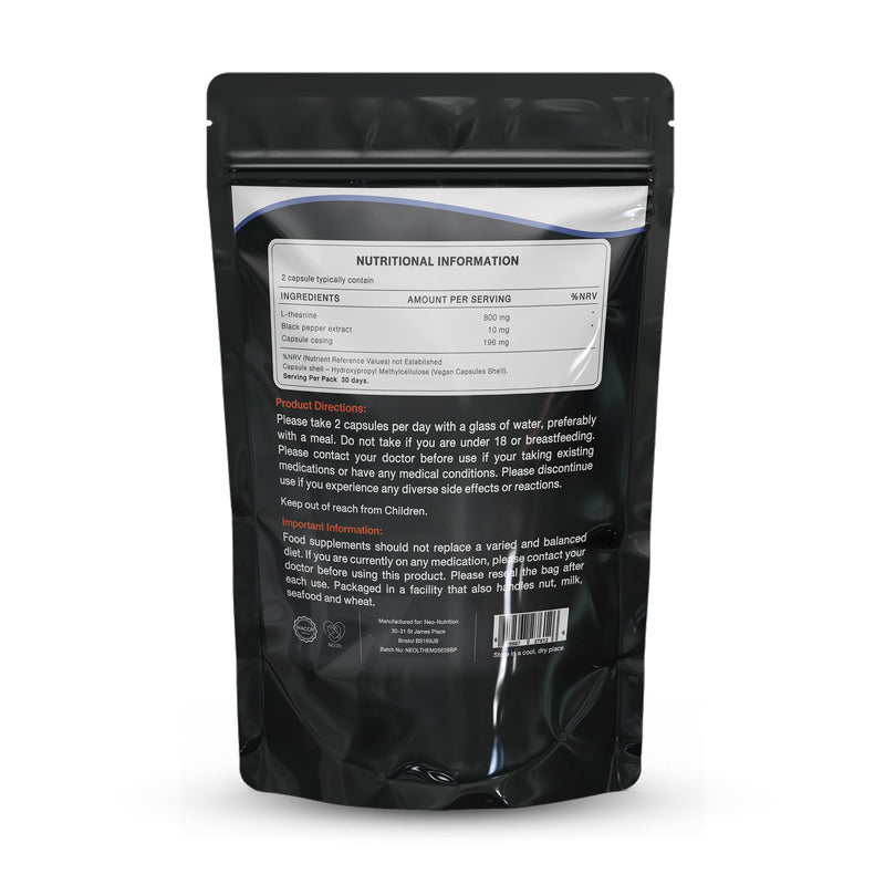 L-Theanine 400mg with BioPerine - 60 Vegan Capsules - Highly Bioavailable - Resealable and Recyclable Pouch - 2 Month Supply
