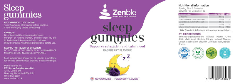 Natural Sleep Support for Men & Women – Supports Calm Mood, Relaxation & Restful Sleep – 60 Vegan Gummies - with L-theanine, Chamomile Extract, Lemon Balm Extract, Glycine and Vitamin B6