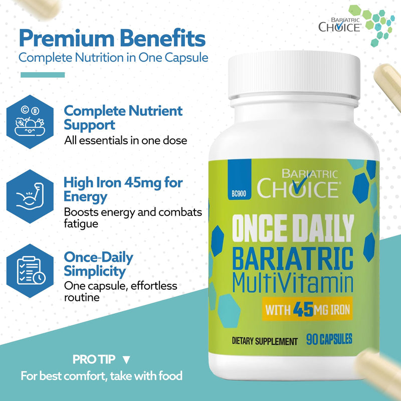 Bariatric Choice Once Daily Bariatric Multivitamin with Iron 45mg, 3 Months | 3-Mo Supply, Once Daily Easy-to-Swallow Capsule for Gastric Bypass & Sleeve Patients – High Potency Vitamins A, D, B12, More 1 Count (Pack of 90)