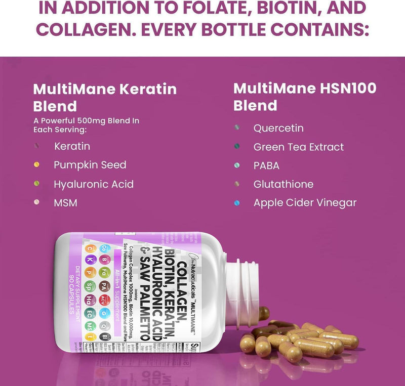 [Australia] - Collagen Pills 1000mg Biotin 10000mcg Keratin Saw Palmetto 2500mg Hyaluronic Acid - Hair Skin and Nails Vitamins and DHT Blocker with Vitamin E Folic Acid Pumpkin Seed MSM - 90 Count 