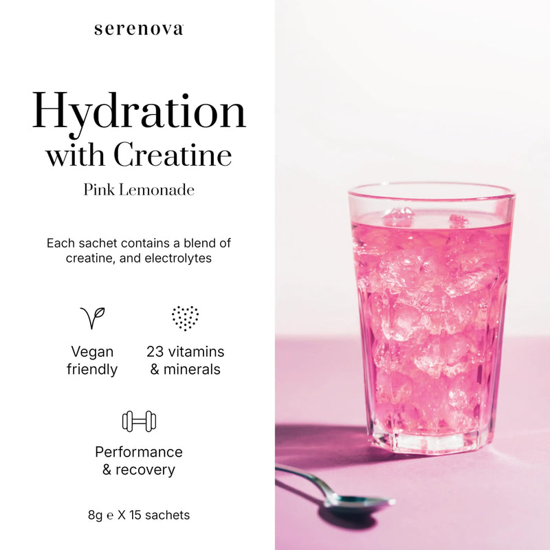 Serenova Electrolytes Sachets with Creatine 15 x 8g | Pink Lemonade Flavour | Low Calorie Electrolytes with 23 Vitamins & Minerals | Hydration Sachets for Women | Supports Performance & Recovery
