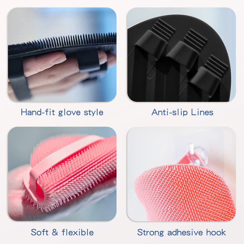 [Australia] - Silicone Back Scrubber(Thick Bristles) & Soft Bath Glove Set, Super-Exfoliating Body Scrubber & Super-Lathering Shower Brush Combination, with a Free Hook.(Black) Thick Bristles Set Black 
