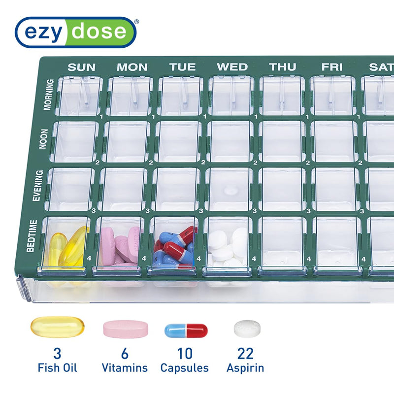 Ezy Dose Pharmadose Weekly 7-Day, 4X/Day Pill Organizer, Green, Medium | 28 Medium Compartment Pill Case, Medicine Planner, Vitamin Organizer with Easy Fill Tray, BPA Free Medium 8"x5.25"x1.25" (Pack of 1)