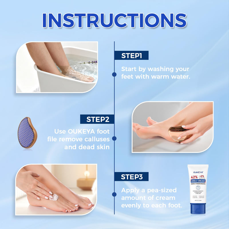 OUKEYA 42% Urea Cream for Dry Rough Skin, Contain Nano Glass Foot File | 3 Oz Tube, 2% Salicylic Acid, Moisturize Lotion, Exfoliating, Heels Care, Hands, Elbows Knees, Softening, Non-Greasy 3 Ounce with Foot File