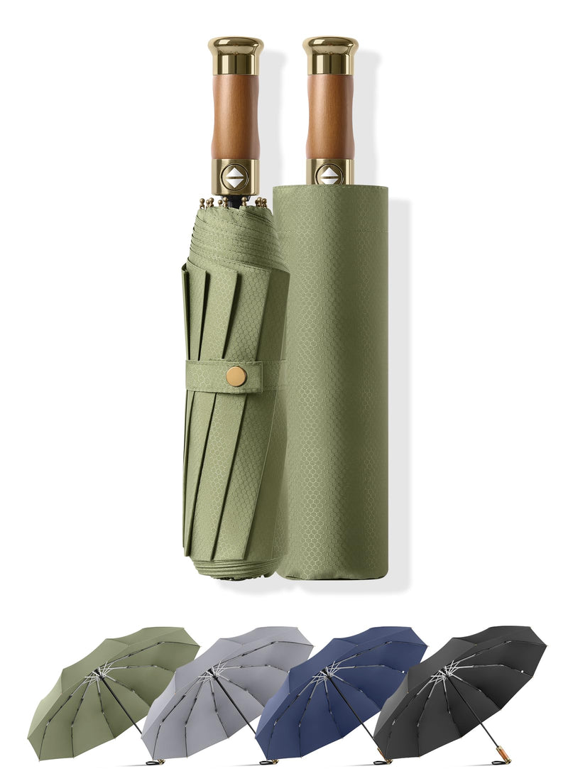 Rain Cats Large 45/50 Inch Umbrellas for rain Strong10 Ribs Fiberglass Umbrella Windproof Wabig Compact Automatic portable Folding Travel Thick Fabric Wood handle A-Olive 41 inches in diameter