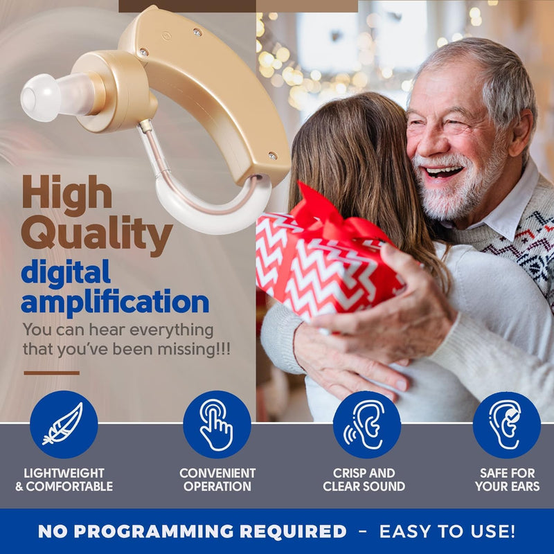 Hearing Amplifier for Seniors & Adults (Pair), Behind-the-Ear Personal Hearing Support Device with 6 Volume Levels, Noise Reduction for Clear Conversations, 6 Domes, Battery Powered, Case Beige 2-Pack Behind-the-Ear Battery