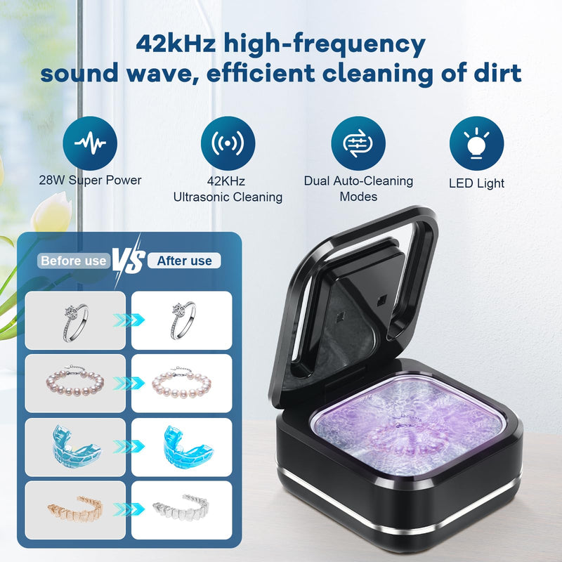 [Australia] - Ultrasonic Retainer Denture Cleaner Machine for Night Guards, Mouth Guards, Jewelry, Braces, 28W Dental Cleaning Pod with Digital Timer, Dual Cleaning Mode, 42kHz, 180ML Black 