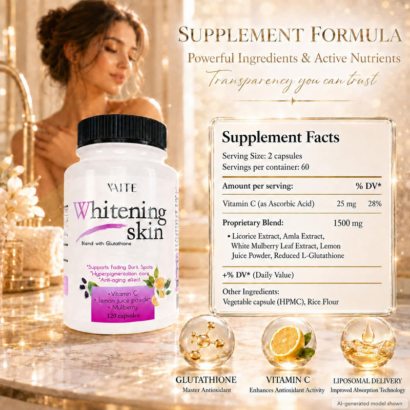 VAITE Glutathione Whitening Pills - Dark Spots & Acne Scar Remover - Vegan Skin Bleaching Pills with Anti-Aging & Antioxidant Effect - 120 Capsules 120 Count (Pack of 1)