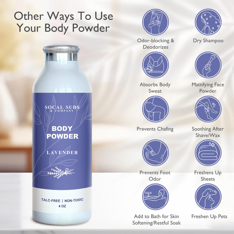 SoCal Suds & Company Natural Body Powder Talc-Free, Lavender, 4oz, 1-Pack | With Arrowroot Powder, Kaolin, Aspen Bark Extract for Soft Soothing Delicate Skin 4 Ounce, Body (1- Pack)