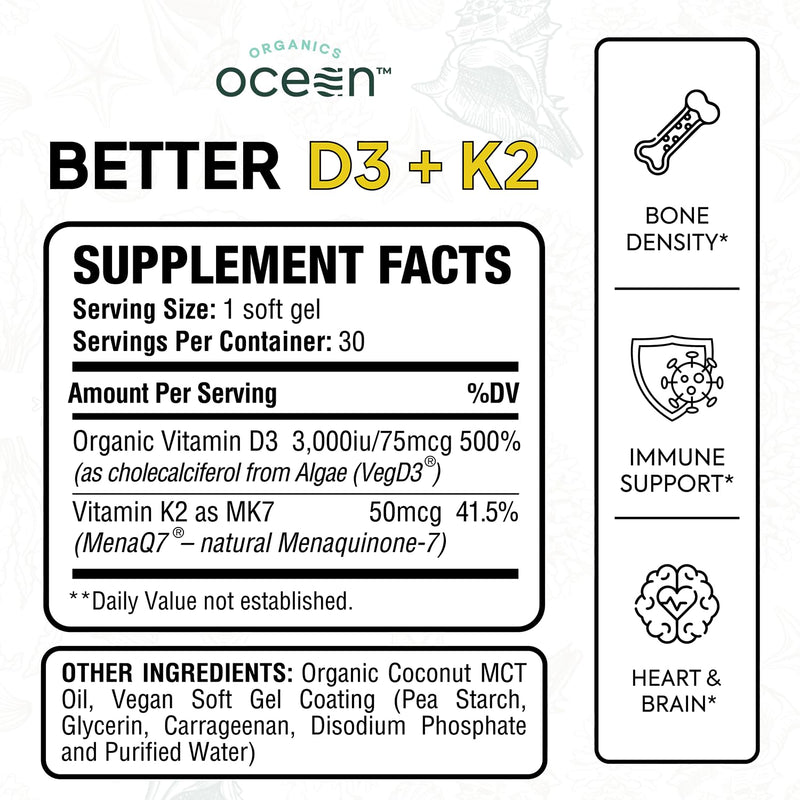 Organics Ocean Better D3 + K2-100% Organic VIT D3 and K2 Supplements with Maximum Bioavailability - Supports Bone Density, Calcium Balance, Immunity & Mood - 1-Pack, 30-Day Supply 30 Count (Pack of 1)