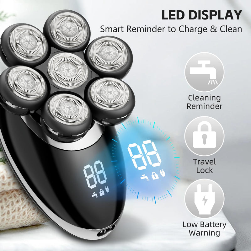 [Australia] - Head Shaver for Bald Men, 7D Electric Rechargeable Wet/Dry Shaving Razor with LED Display, 5-in-1 Grooming Kit Waterproof Bald Head Trimmer, Ideal Gift for Men (Black) Black 