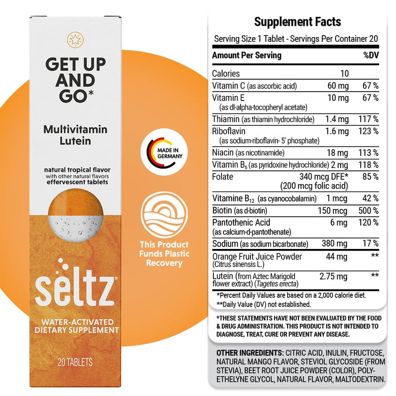 Seltz Multivitamin Drink Tablets, Effervescent Lutein with Daily Energy | Daily Energy Support, Eye Health, Antioxidant Support, Drop Fizz and Drink, Refreshing, Supports Hydration, 20 Tablets 1 Pack 20 Tablets (pack of 1)