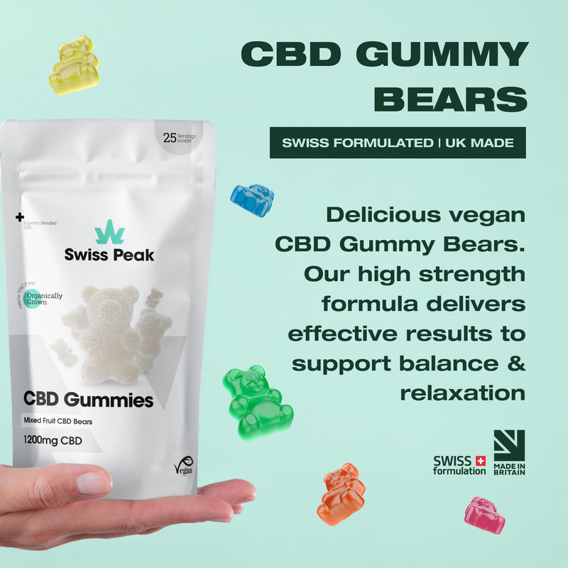 Swiss Peak 1200mg CBD Gummies, Delicious Edible Bears, UK-Made, Vegan, THC-Free, Premium CBD for Relaxation & Wellness, On-the-Go Grab Bag – 25 Gummies Per Pack