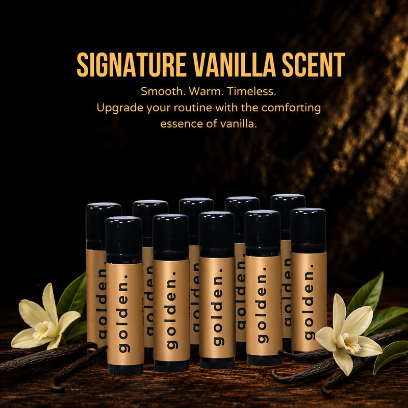 Golden Grooming Co. Lip Balm Set for Men - Soothing & Moisturizing Lip Balms for Dry, Cracked, Chapped Lips - Infused with Aloe Vera & Vitamin E - Vanilla Scent - Pack of 10