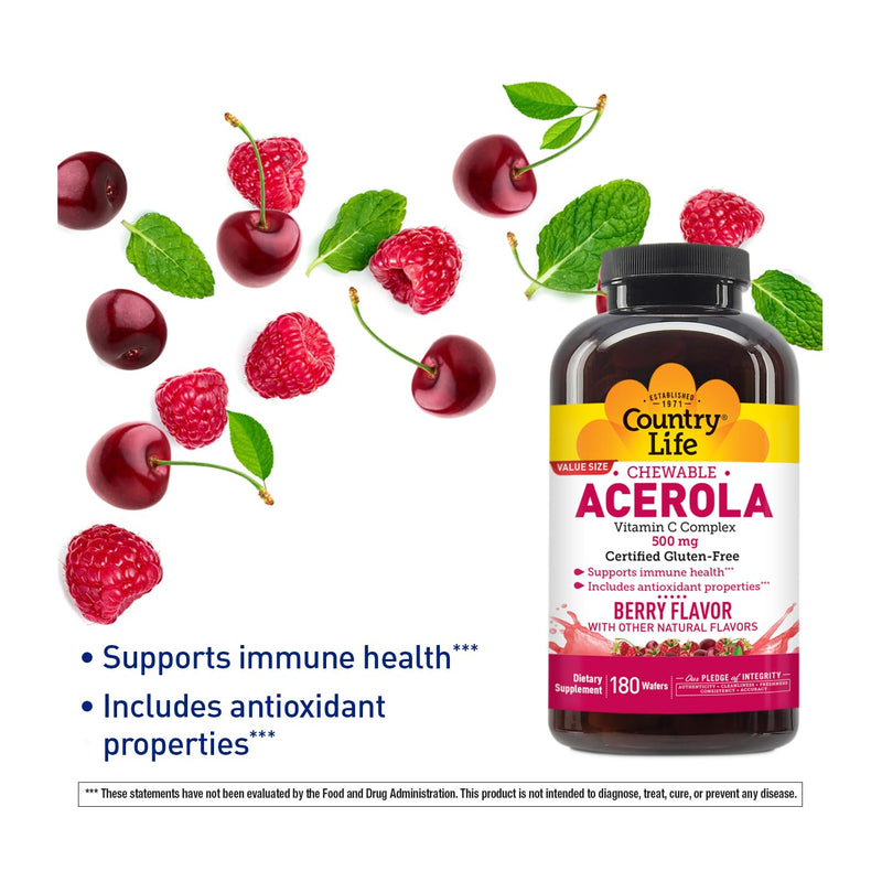 Country Life Acerola Vitamin C Complex 500 mg Chewable Wafers, 180 Count | Berry-flavored wafers with acerola, rose hips and citrus bioflavonoids; 500 mg vitamin C and 180 servings. 180 Count (Pack of 1)