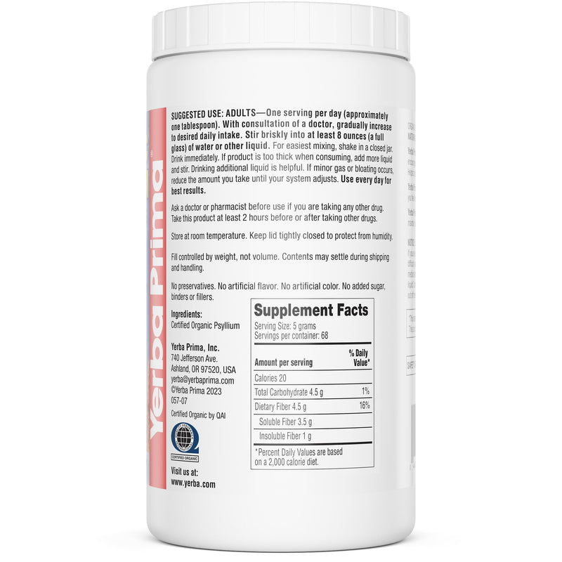 [Australia] - Yerba Prima Organic Psyllium Whole Husks 12 oz - Natural Dietary Fiber Supplement, Non GMO, Gluten Free, Keto and Vegan Friendly for Regularity Support, Unflavored 12 Ounce (Pack of 1) 