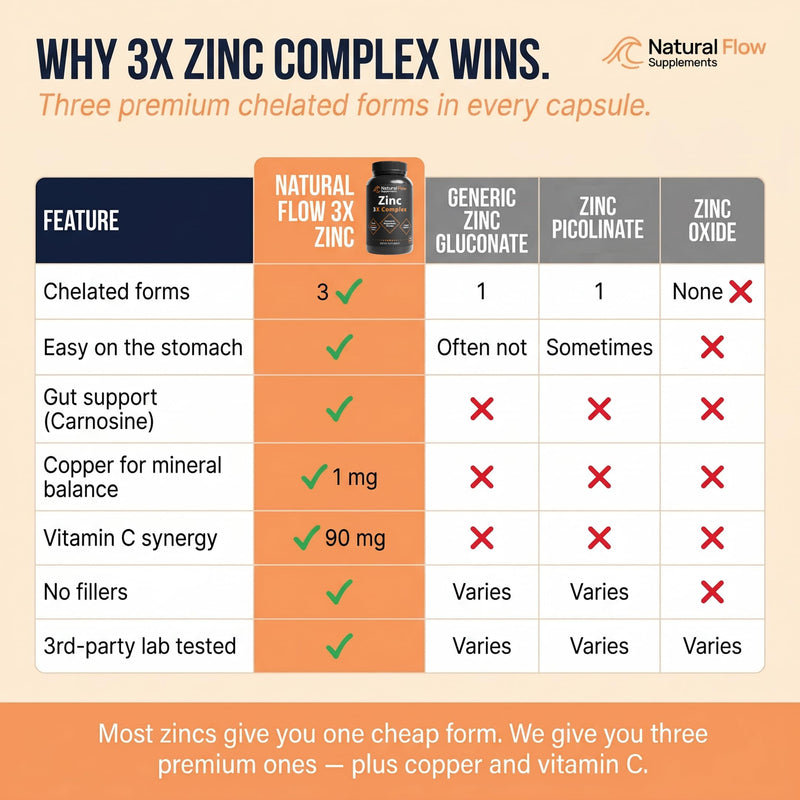 Natural Flow Zinc 3X Complex, 15 mg, 120 Capsules | 3 Chelated Forms (Bisglycinate, Carnosine, Orotate) with Copper & Vitamin C — Gentle on Stomach, Immune & Skin